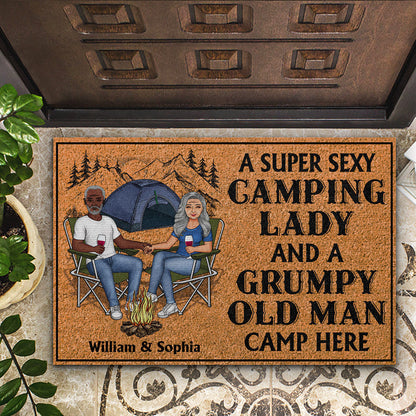 Camping Couple A Super Sexy Camping Lady And A Grumpy Old Man Camp Here - Couple Gift - Personalized Custom Doormat