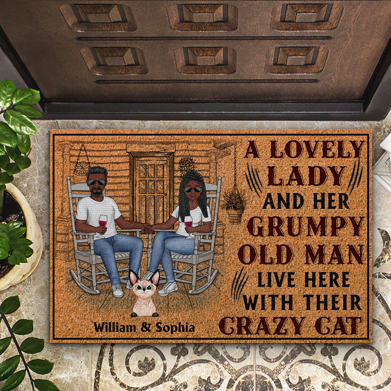 Cat Couple A Lovely Lady And A Grumpy Old Man Live Here - Gift For Cat Lovers - Personalized Custom Doormat