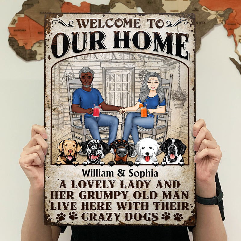 Dog Couple A Lovely Lady And A Grumpy Old Man Live Here - Gift For Dog Lovers - Personalized Custom Classic Metal Signs