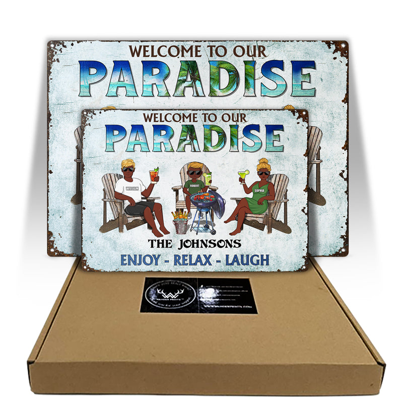 Poolside Grilling Listen To The Good Music Couple Husband Wife Children - Backyard Sign - Personalized Custom Classic Metal Signs