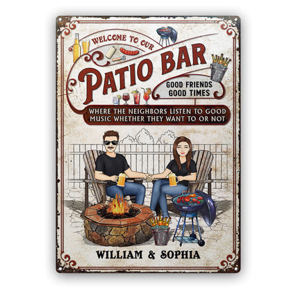 Backyard Bar Family Couple Where The Neighbors Listen To Good Music - Patio Sign - Personalized Custom Classic Metal Signs