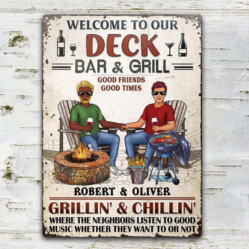 Backyard Bar Family Couple Listen To The Good Music - Patio Sign - Personalized Custom Classic Metal Signs