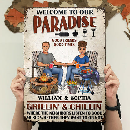 Backyard Bar Family Couple Listen To The Good Music - Patio Sign - Personalized Custom Classic Metal Signs