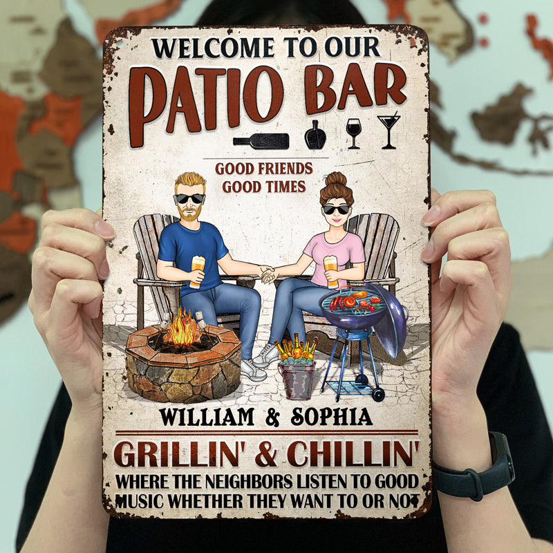 Backyard Bar Family Couple Listen To The Good Music - Patio Sign - Personalized Custom Classic Metal Signs