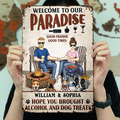 Grilling Backyard Family Couple Hope You Brought Alcohol And Dog Treats - Patio Signs - Personalized Custom Classic Metal Signs