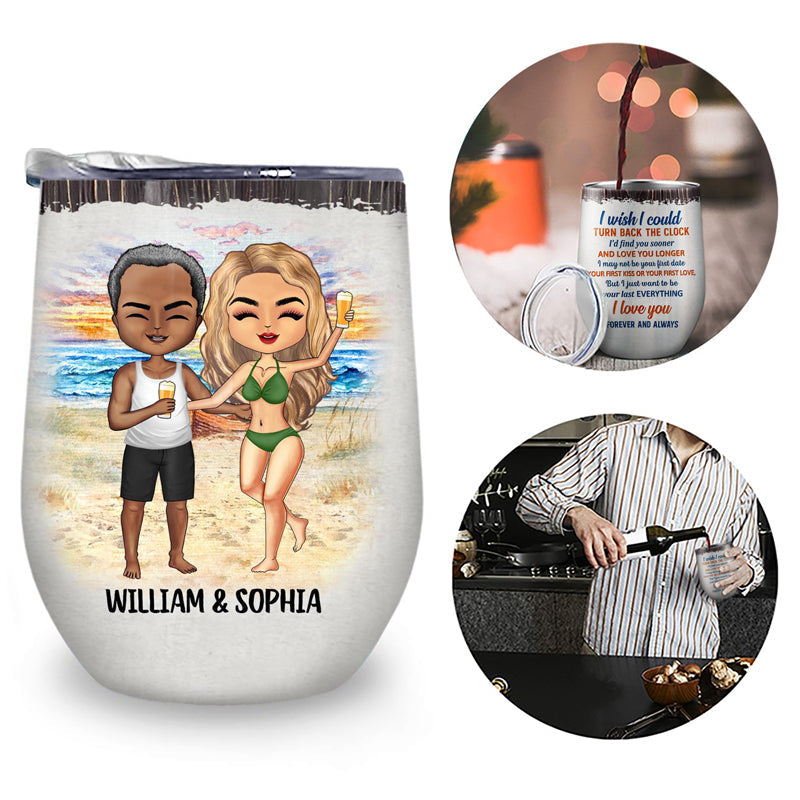 Beach Chibi Couple Husband And Wife Drinking Buddies For Life - Gift For Couples - Personalized Custom Wine Tumbler