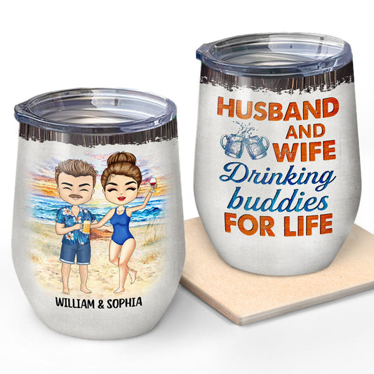 Beach Chibi Couple Husband And Wife Drinking Buddies For Life - Gift For Couples - Personalized Custom Wine Tumbler