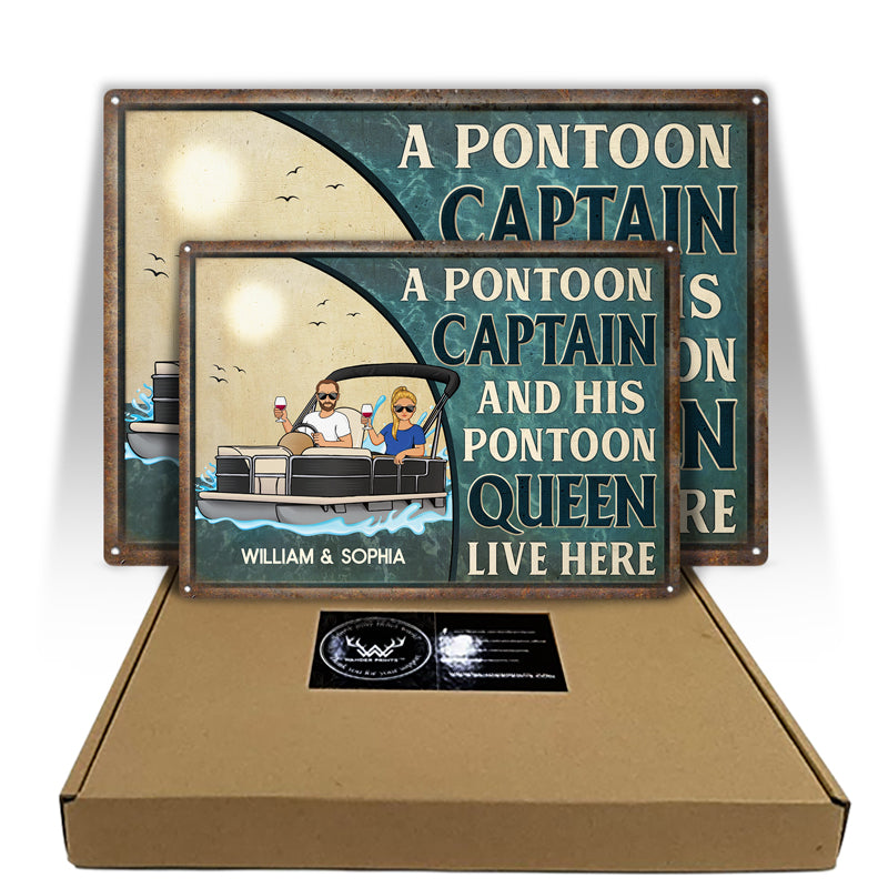 A Pontoon Captain And His Pontoon Queen Live Here Husband Wife Family - Couple Gift - Personalized Custom Classic Metal Signs