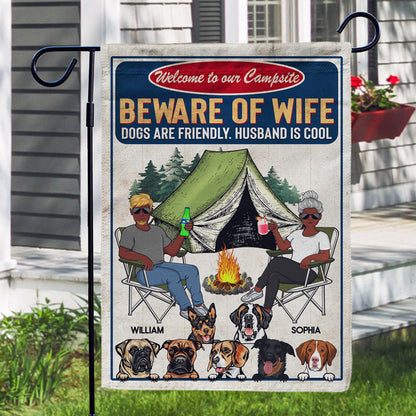 Beware Of Wife Dog Is Friendly Husband Is Cool Camping Couple - Gift For Dog Lovers - Personalized Custom Flag