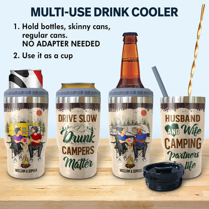 Camping Couple Husband & Wife Drinking Buddies For Life - Gift For Camping Lovers - Personalized Custom Triple 3 In 1 Can Cooler
