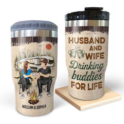Camping Couple Husband & Wife Drinking Buddies For Life - Gift For Camping Lovers - Personalized Custom Triple 3 In 1 Can Cooler