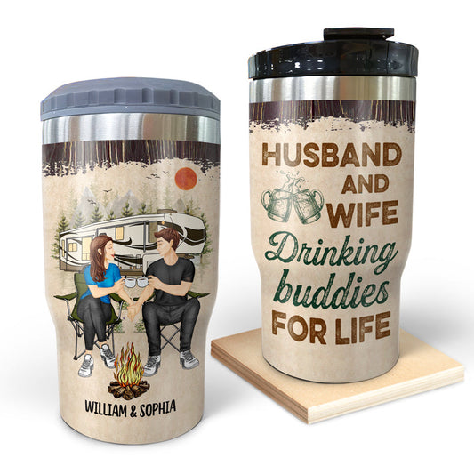 Camping Couple Husband & Wife Drinking Buddies For Life - Gift For Camping Lovers - Personalized Custom Triple 3 In 1 Can Cooler