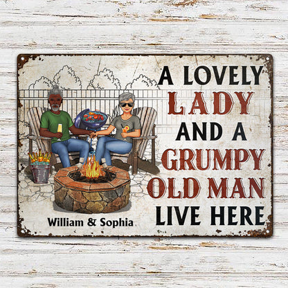 Backyard Family Couple A Lovely Lady And A Grumpy Old Man Live Here - Couple Gift - Personalized Custom Classic Metal Signs