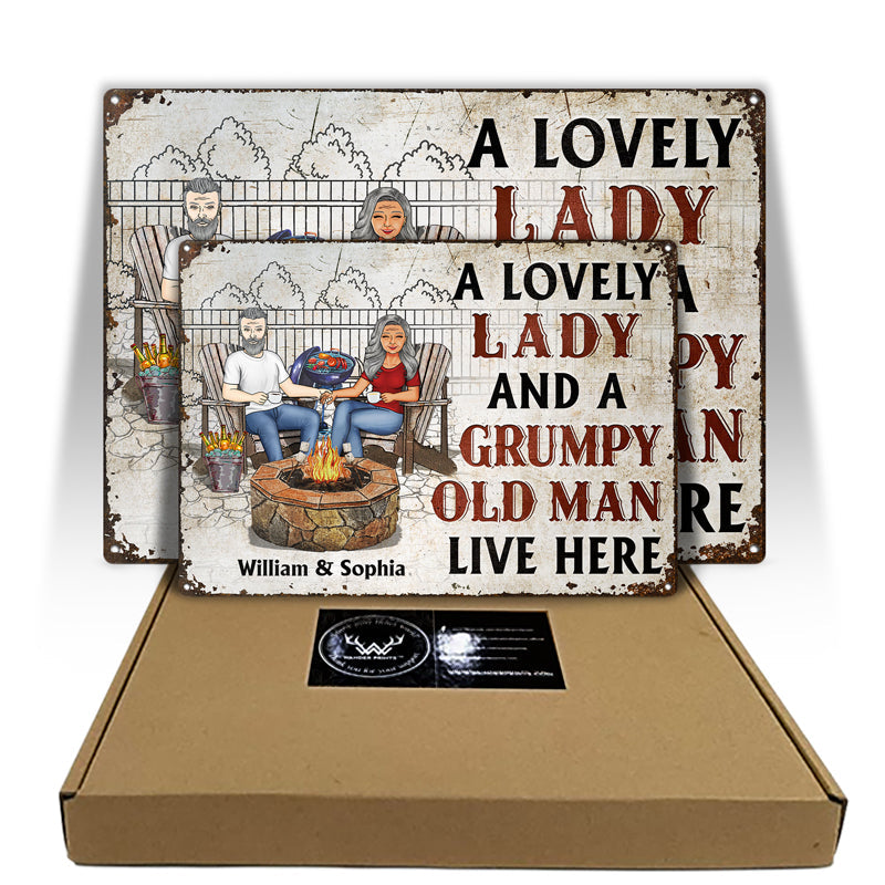 Backyard Family Couple A Lovely Lady And A Grumpy Old Man Live Here - Couple Gift - Personalized Custom Classic Metal Signs