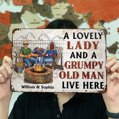 Backyard Family Couple A Lovely Lady And A Grumpy Old Man Live Here - Couple Gift - Personalized Custom Classic Metal Signs