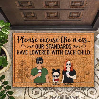 Please Excuse The Mess Our Standards Have Lowered With Each Child Husband Wife Couple Family - Personalized Custom Doormat