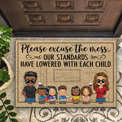 Please Excuse The Mess Our Standards Have Lowered With Each Child Chibi Couple Husband Wife Family - Personalized Custom Doormat