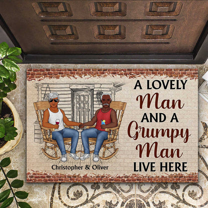 Family Couple A Lovely Lady And A Grumpy Man Live Here - Gift For Couples - Personalized Custom Doormat