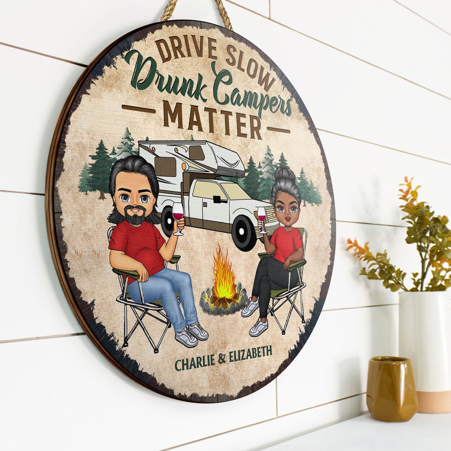 Husband And Wife Camping Partners For Life - Couple Gift - Personalized Custom Wood Circle Sign