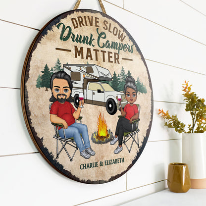Husband And Wife Camping Partners For Life - Couple Gift - Personalized Custom Wood Circle Sign
