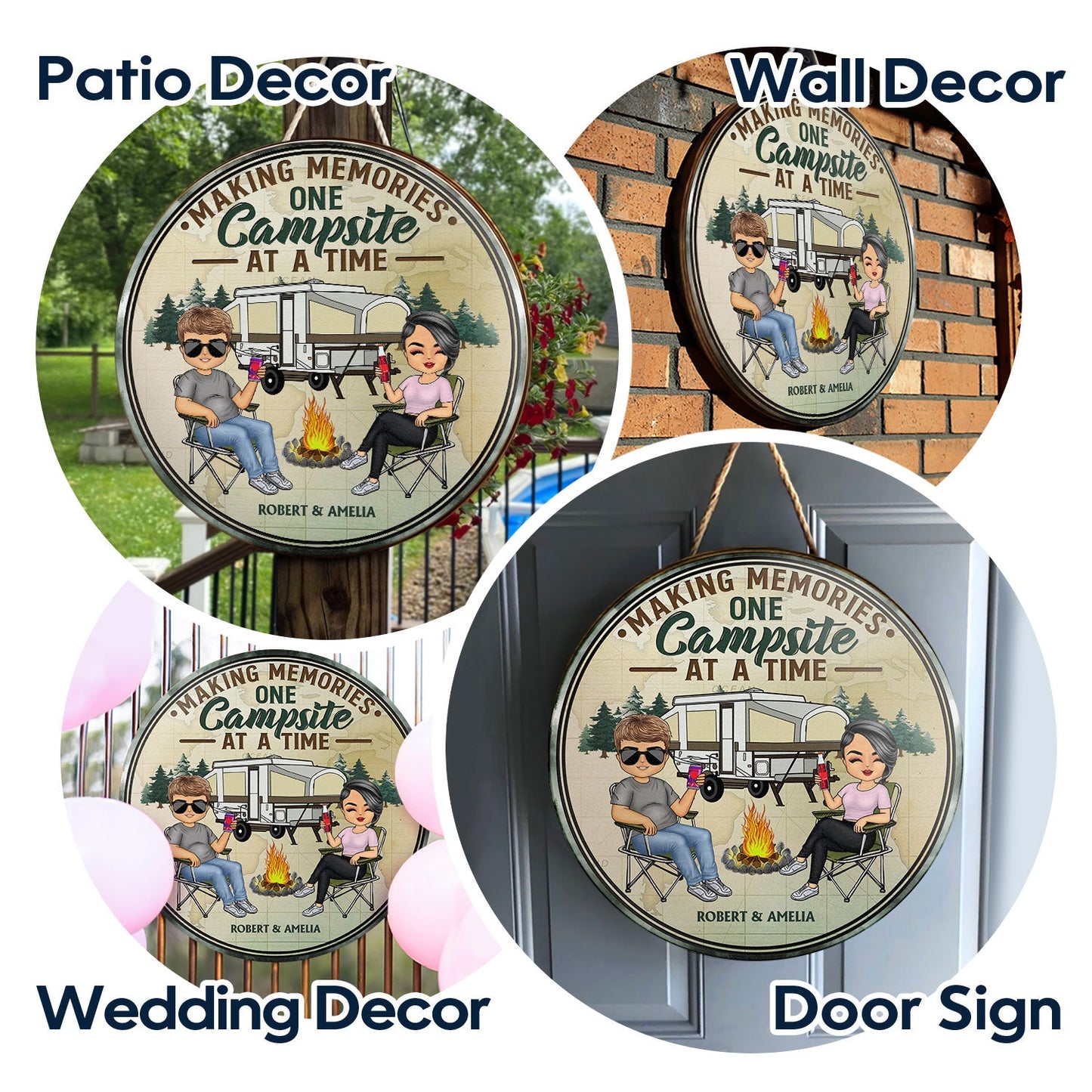 Husband And Wife Camping Partners For Life - Couple Gift - Personalized Custom Wood Circle Sign