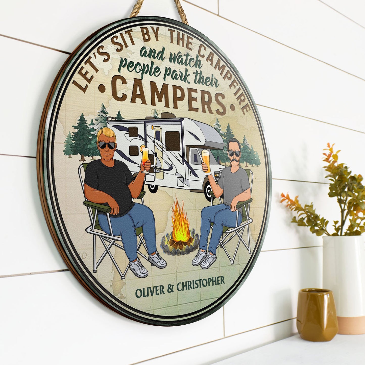 Husband And Wife Camping Partners For Life Family - Couple Gift - Personalized Custom Wood Circle Sign