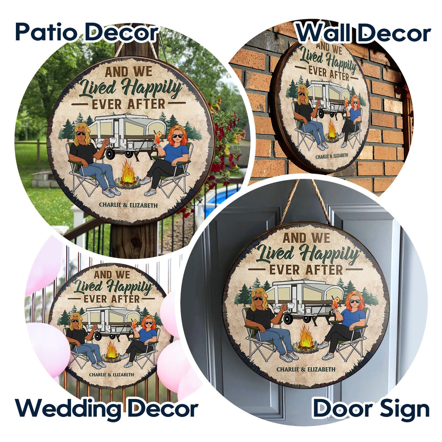 Husband And Wife Camping Partners For Life Family - Couple Gift - Personalized Custom Wood Circle Sign