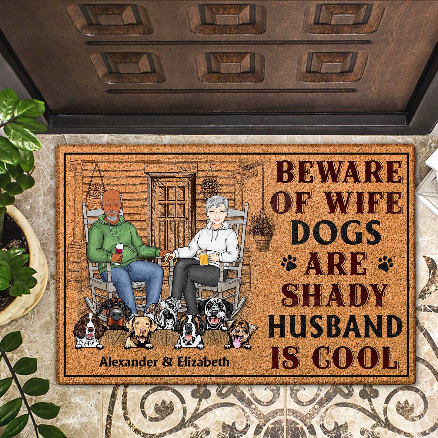 Beware Of Wife Dogs Are Shady Husband Is Cool - Anniversary, Birthday, Home Decor Gift For Spouse, Lover, Husband, Wife, Boyfriend, Girlfriend, Couple, Pet Lovers - Personalized Custom Doormat