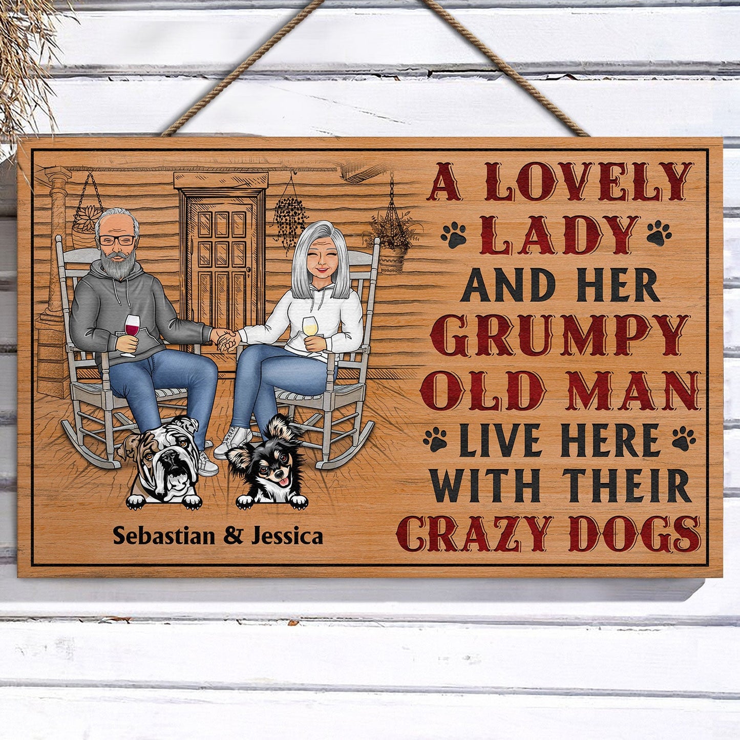 A Lovely Lady And A Grumpy Old Man Live Here With Their Crazy Dogs - Outdoor, Home Decor Gift For Family, Couple, Pet Lovers - Personalized Custom Wood Rectangle Sign