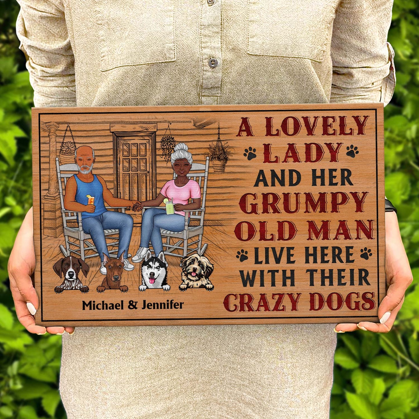 A Lovely Lady And A Grumpy Old Man Live Here With Their Crazy Dogs - Outdoor, Home Decor Gift For Family, Couple, Pet Lovers - Personalized Custom Wood Rectangle Sign