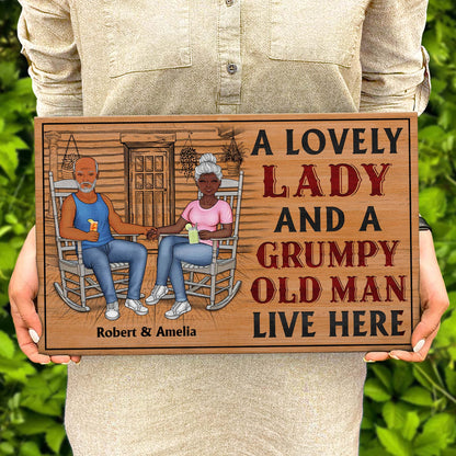 A Lovely Lady And A Grumpy Old Man Live Here - Anniversary, Birthday, Home Decor Gift For Spouse, Lover, Husband, Wife, Boyfriend, Girlfriend, Couple - Personalized Custom Wood Rectangle Sign