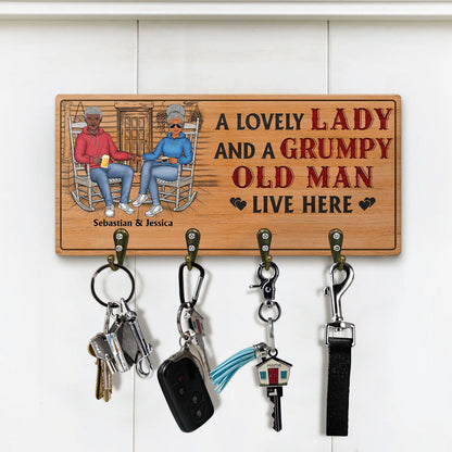 A Lovely Lady And A Grumpy Old Man Live Here - Anniversary, Birthday, Home Decor Gift For Spouse, Lover, Husband, Wife, Boyfriend, Girlfriend, Couple - Personalized Custom Wood Key Holder