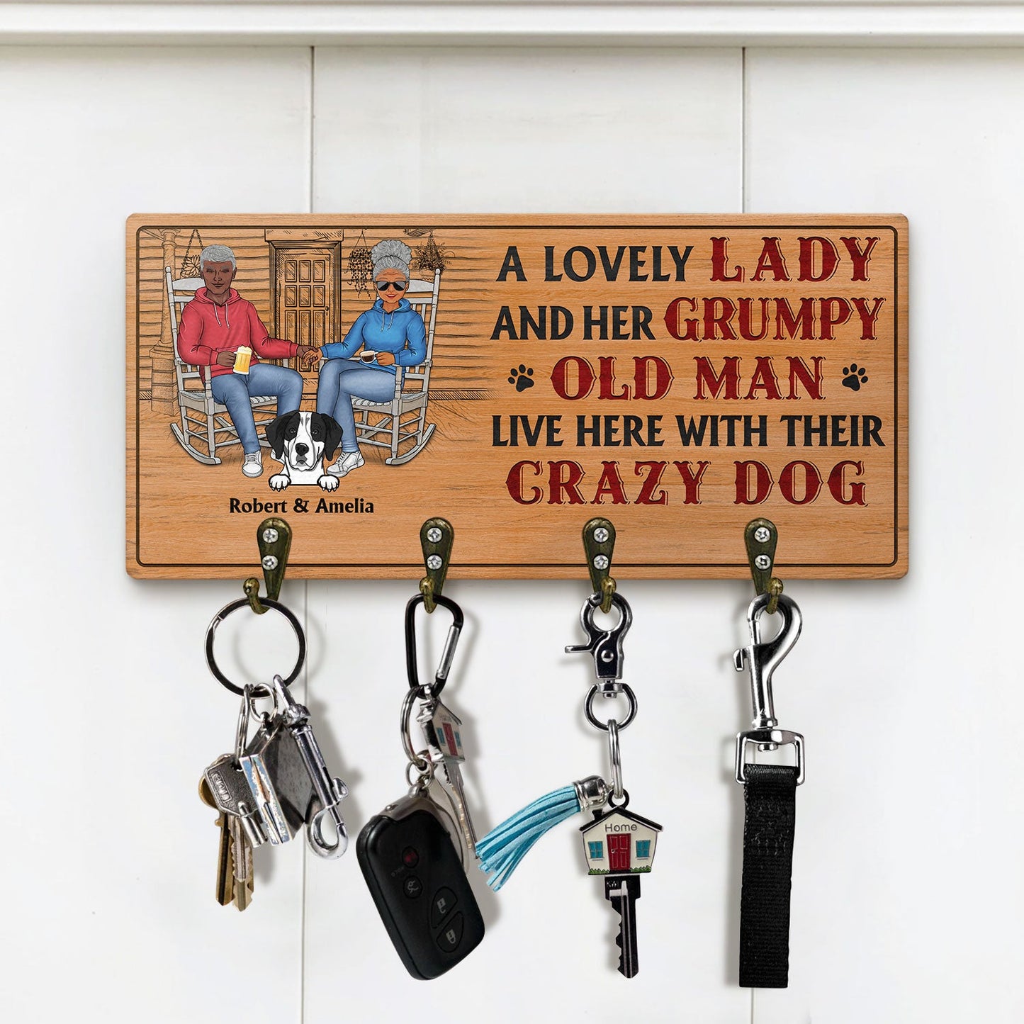 A Lovely Lady And A Grumpy Old Man Live Here With Their Crazy Dogs - Outdoor, Home Decor Gift For Family, Couple, Pet Lovers - Personalized Custom Wood Key Holder