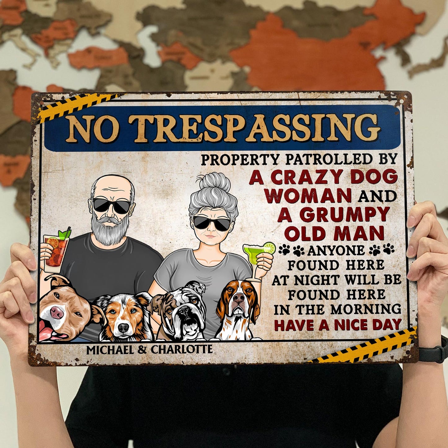 No Trespassing Property Patrolled By Crazy Dog Lady And A Grumpy Old Man - Home Decor, Backyard Decor, Couple Gift For Dog Lovers & Cat Lovers - Personalized Custom Classic Metal Signs