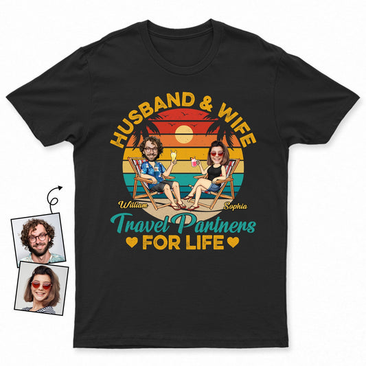 Custom Photo Husband And Wife Travel Partners For Life Beach Traveling Couple - Personalized Custom T Shirt