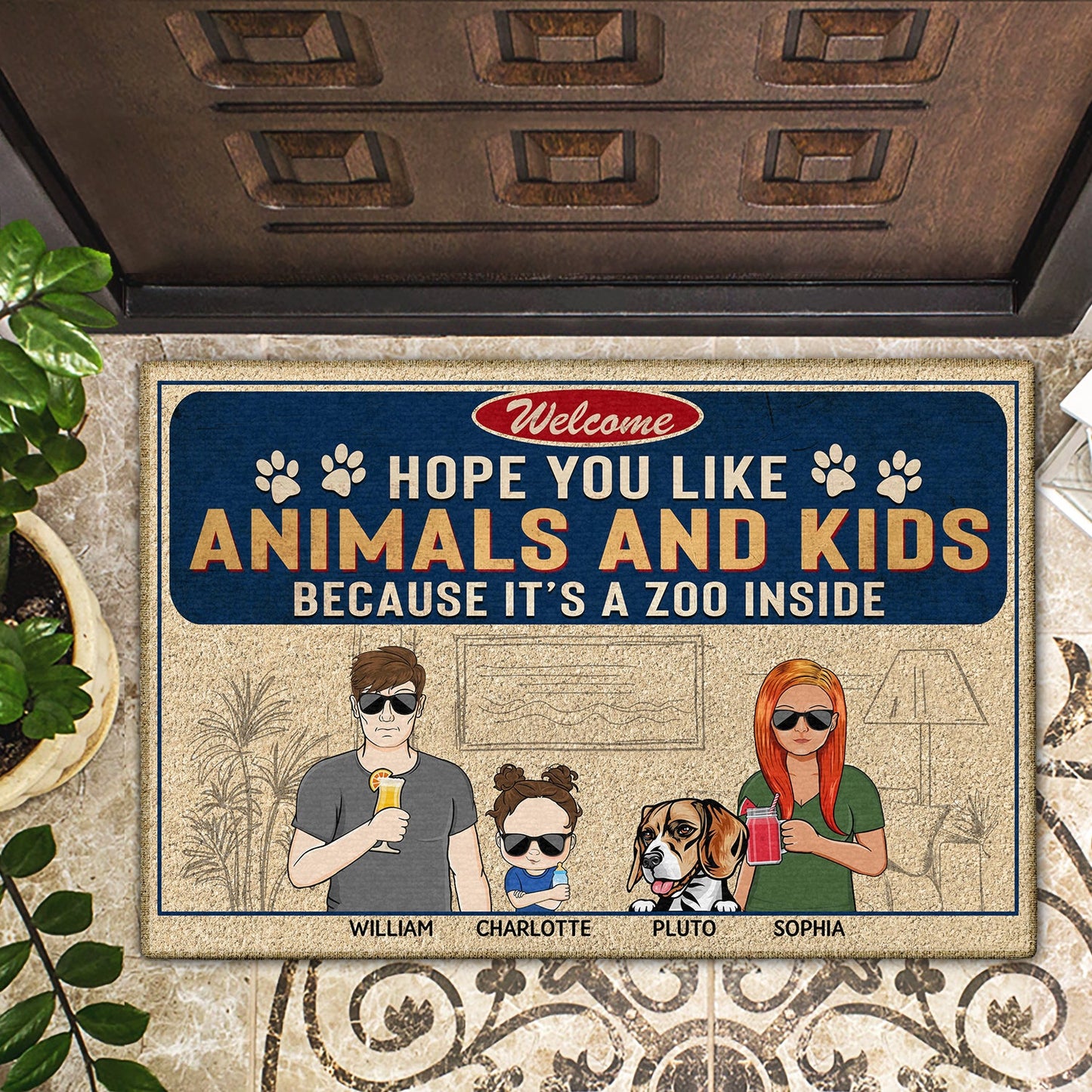 Welcome Hope You Like Animals And Kids Couple Husband Wife - Home Decor, Funny, Anniversary Gift For Family, Dog Lovers, Cat Lovers - Personalized Custom Doormat