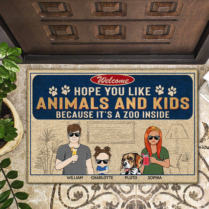 Welcome Hope You Like Animals And Kids Couple Husband Wife - Home Decor, Funny, Anniversary Gift For Family, Dog Lovers, Cat Lovers - Personalized Custom Doormat