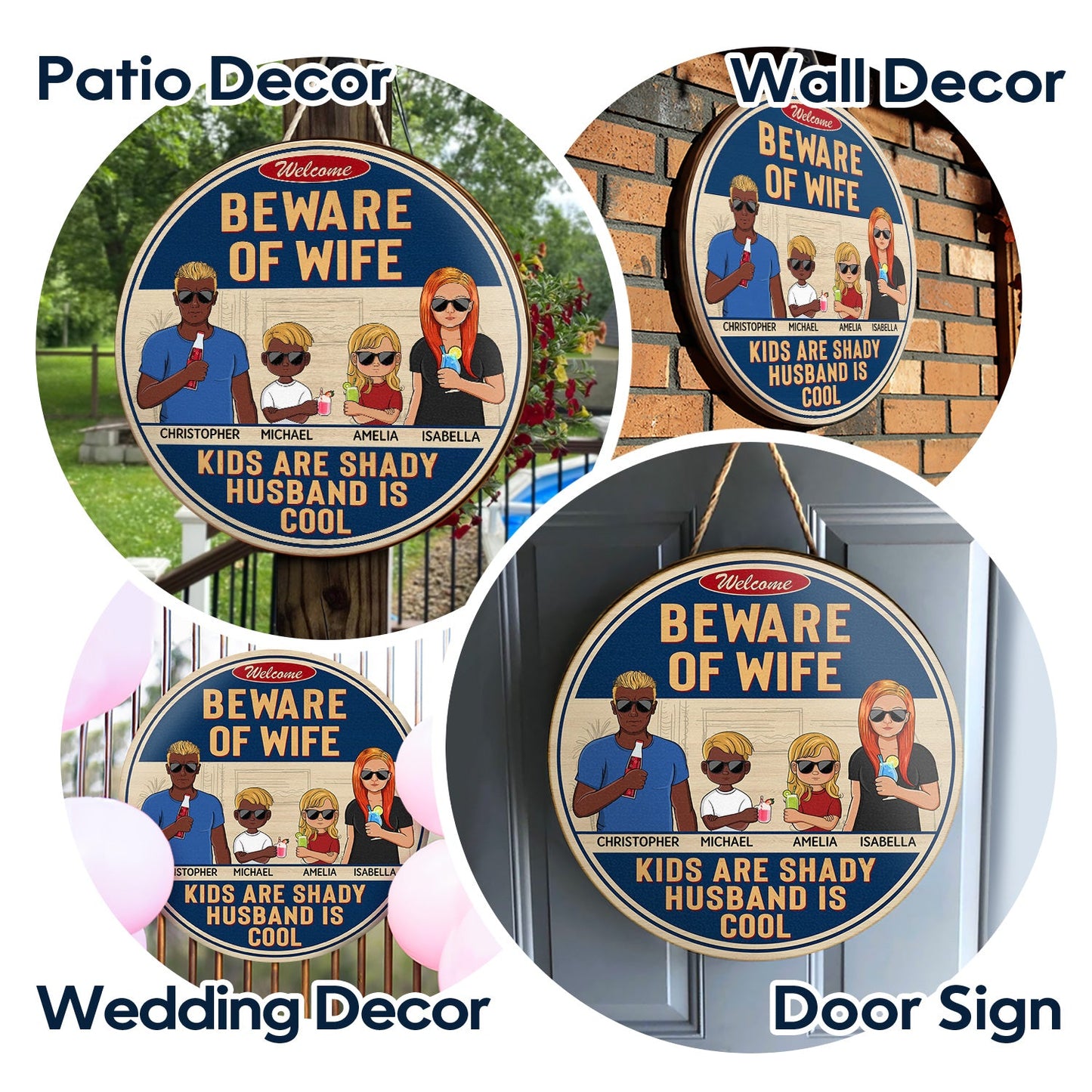 Beware Of Wife Kids Are Shady Husband Is Cool Couple Husband Wife Family - Personalized Custom Wood Circle Sign