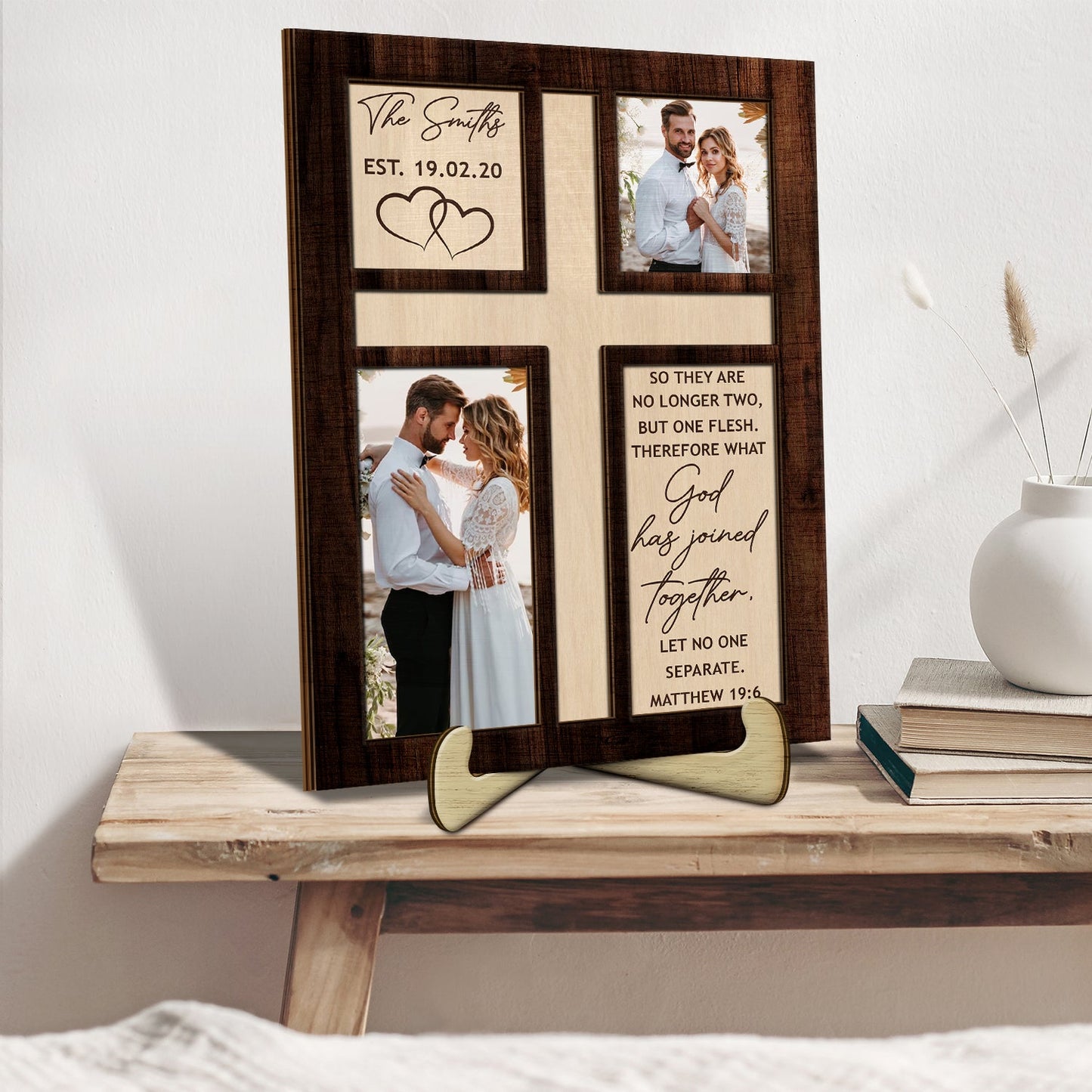 Custom Photo So They Are No Longer Two - Loving, Anniversary Gift For Married Couple, Spouse, Husband, Wife - Personalized 2-Layered Wooden Plaque With Stand