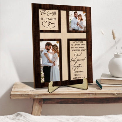 Custom Photo So They Are No Longer Two - Loving, Anniversary Gift For Married Couple, Spouse, Husband, Wife - Personalized 2-Layered Wooden Plaque With Stand