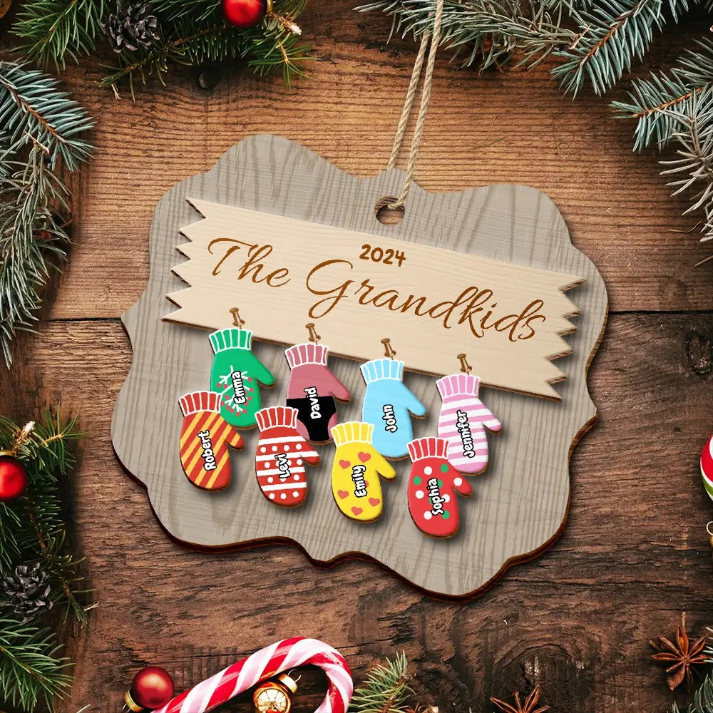 Mittens With Grandkids Names - Christmas Gift For Grandparent - Personalized 2-Layered Wooden Ornament