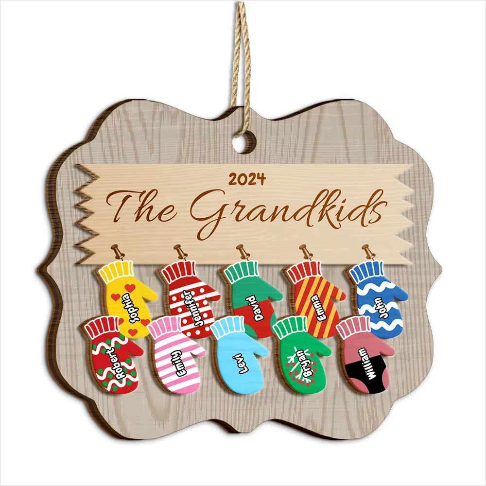 Mittens With Grandkids Names - Christmas Gift For Grandparent - Personalized 2-Layered Wooden Ornament