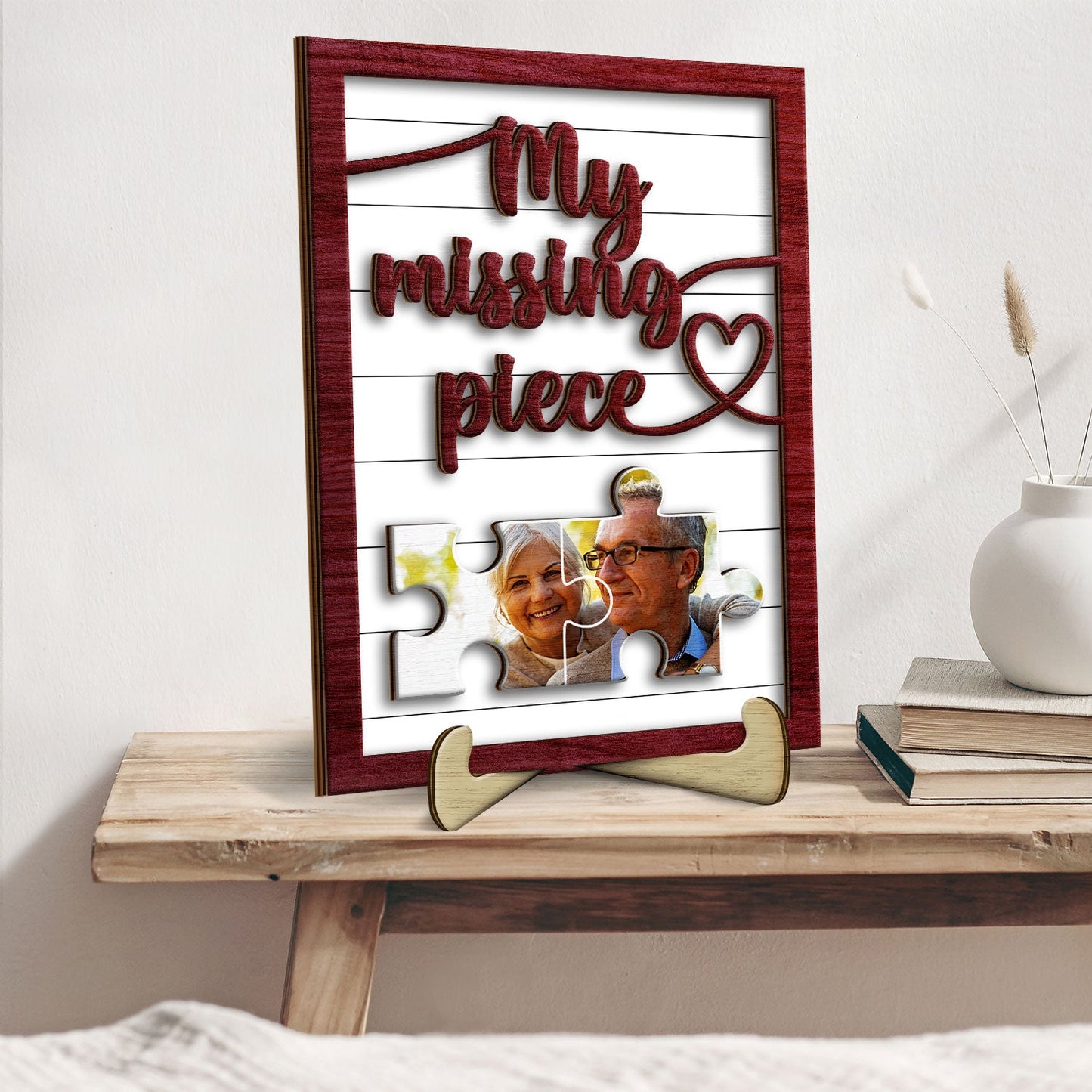 Custom Photo My Missing Piece - Gift For Old Couples, Husband, Wife - Personalized 2-Layered Wooden Plaque With Stand