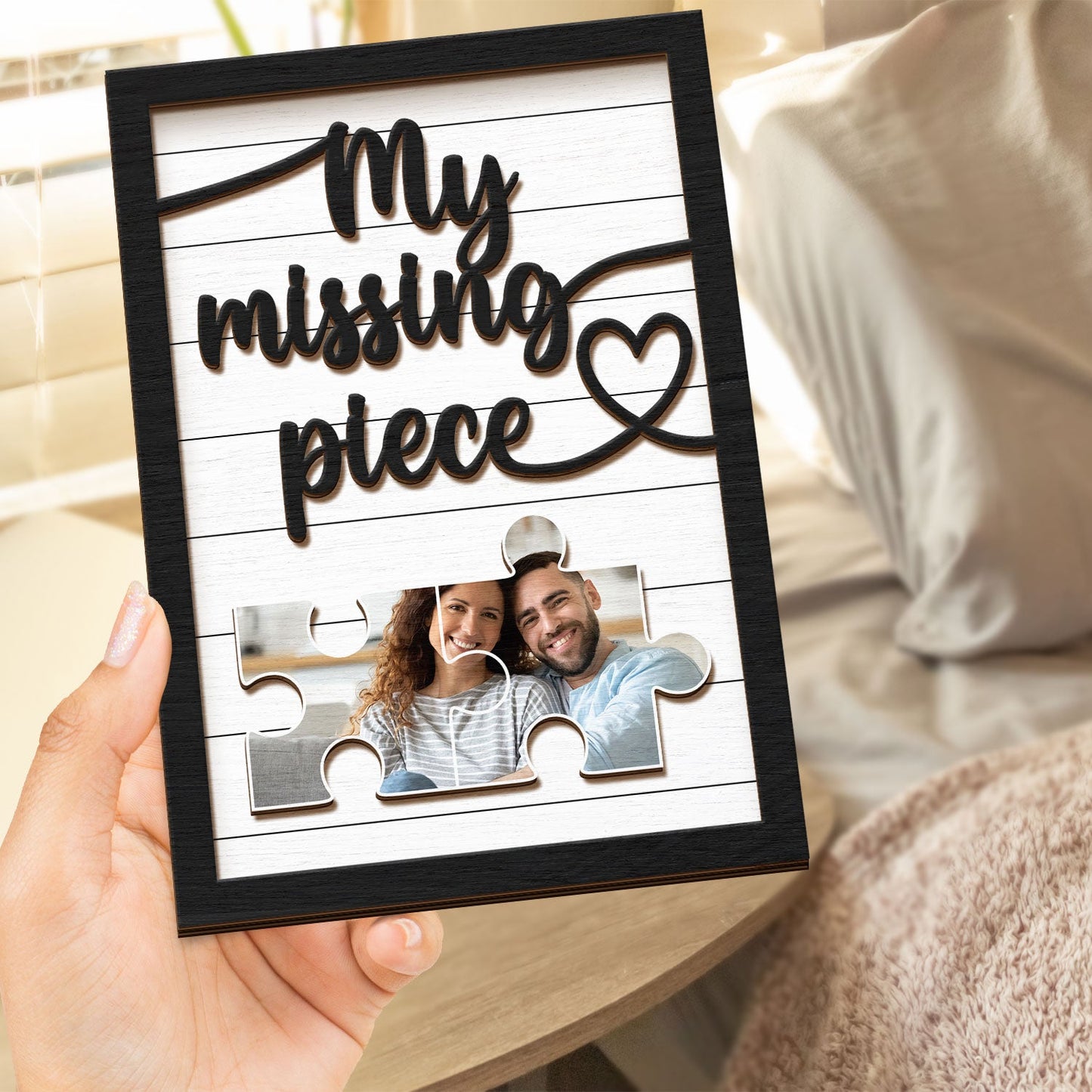 Custom Photo My Missing Piece - Gift For Old Couples, Husband, Wife - Personalized 2-Layered Wooden Plaque With Stand