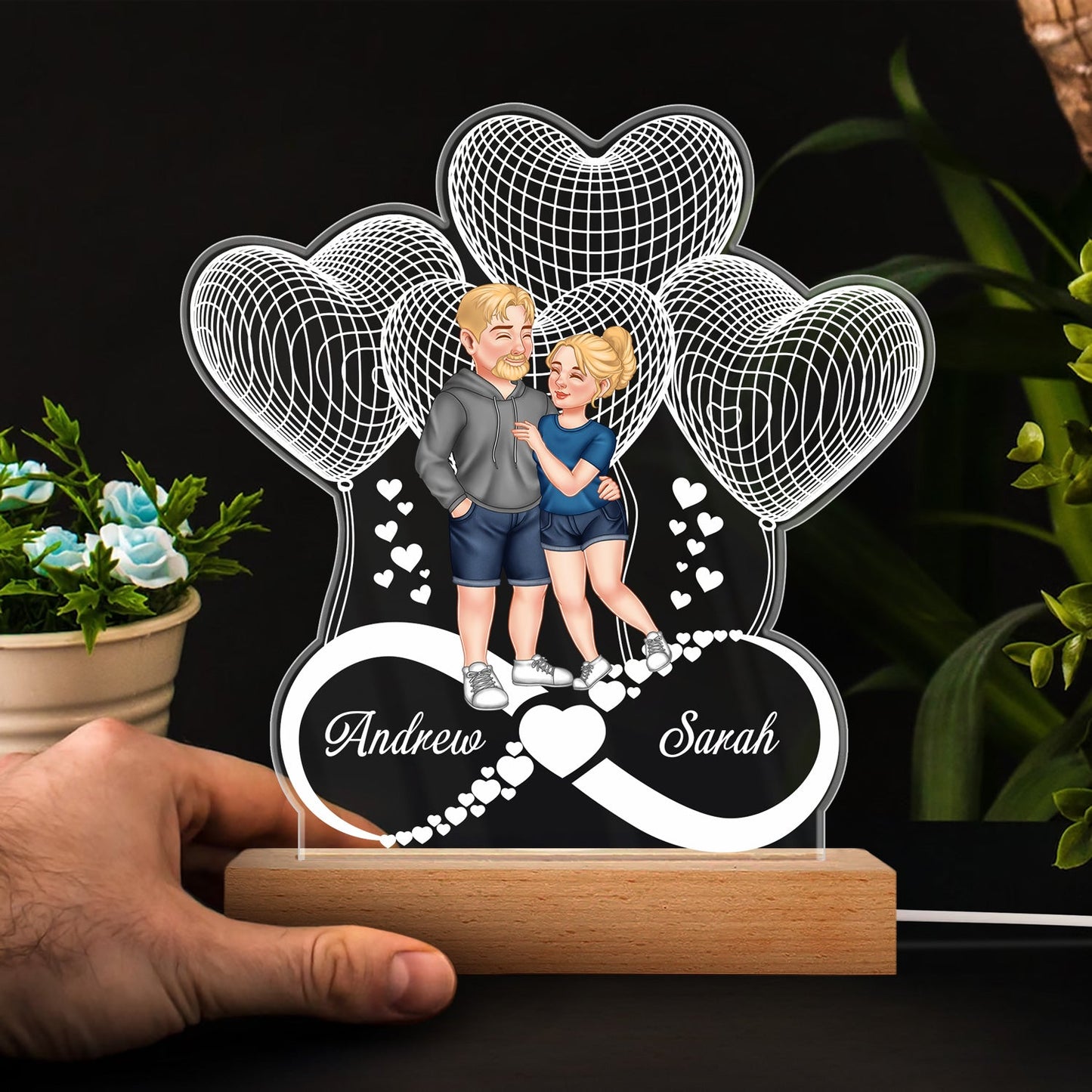 Arm In Arm Forever Love - Anniversary Gift For Spouse, Husband, Wife, Couple - Personalized 3D Led Light Wooden Base