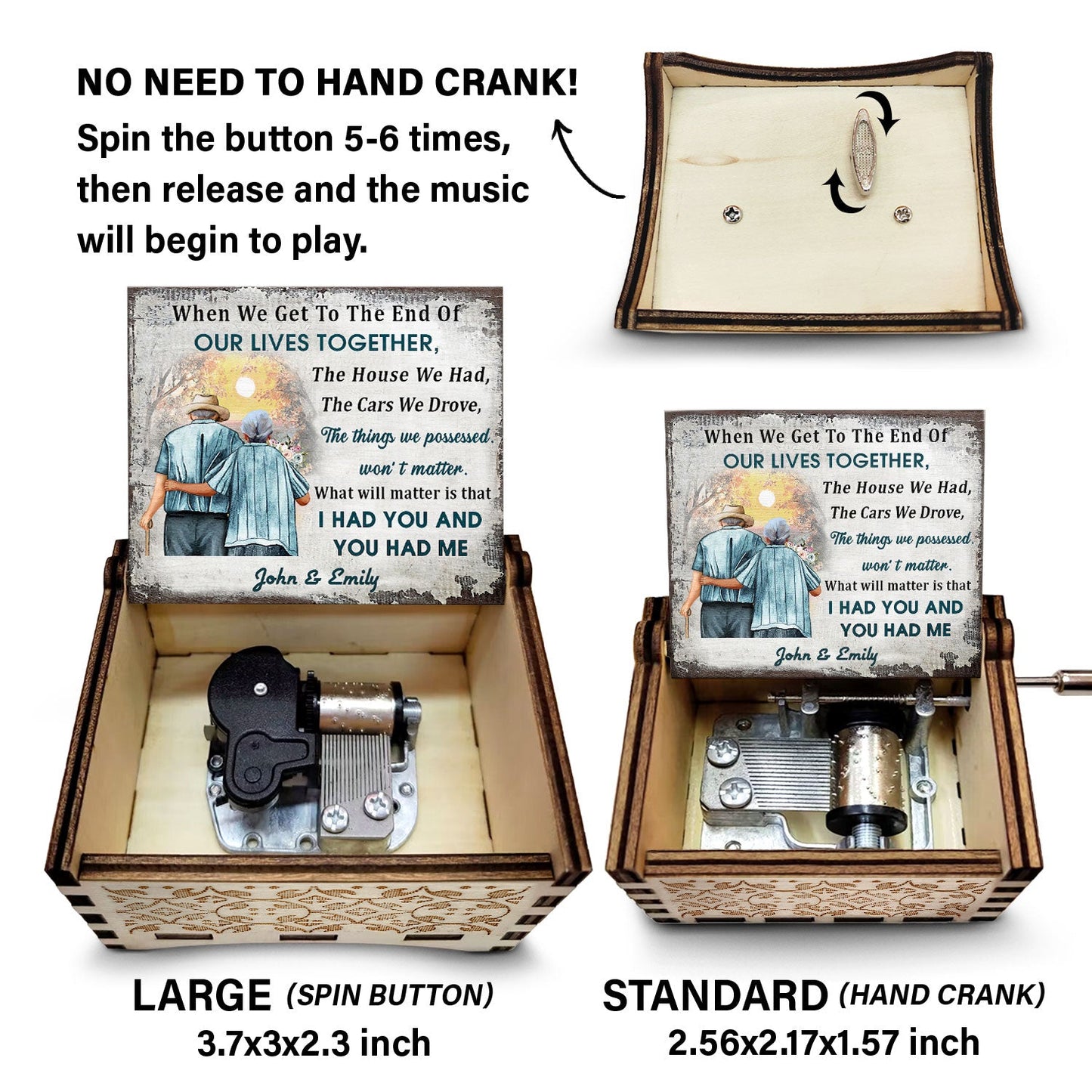 When We Get To The End - Anniversary Gift For Old Couple, Husband, Wife - Personalized Spin Button, Hand Crank Music Box