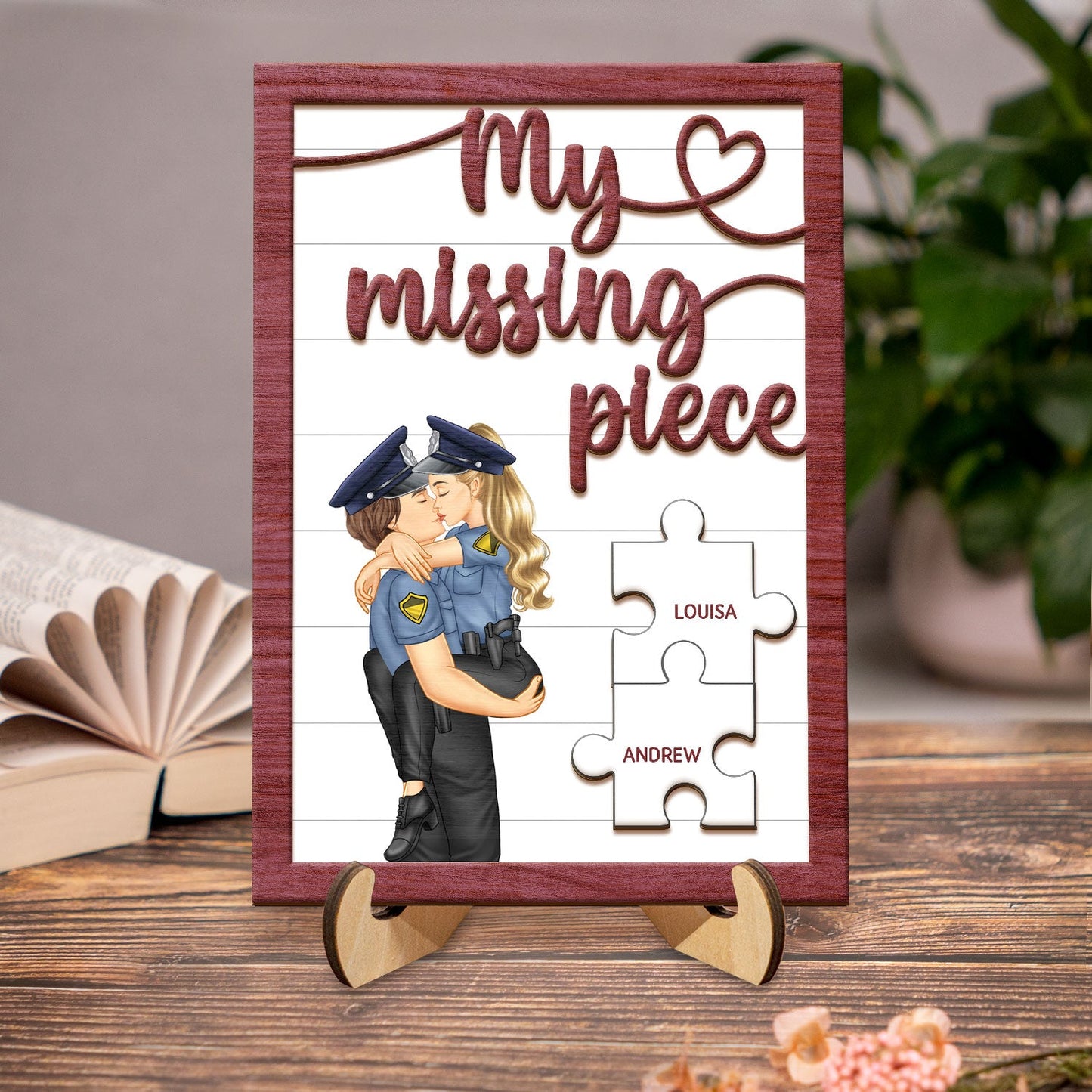 My Missing Piece Kissing Couple Occupation - Gift For Couples, Nurse, Firefighter, Police Officer - Personalized 2-Layered Wooden Plaque With Stand