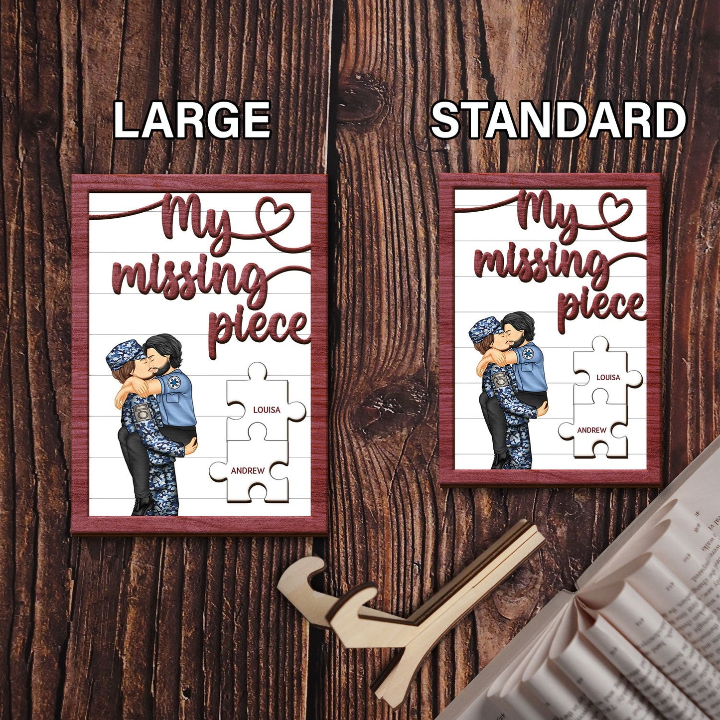 My Missing Piece Kissing Couple Occupation - Gift For Couples, Nurse, Firefighter, Police Officer - Personalized 2-Layered Wooden Plaque With Stand