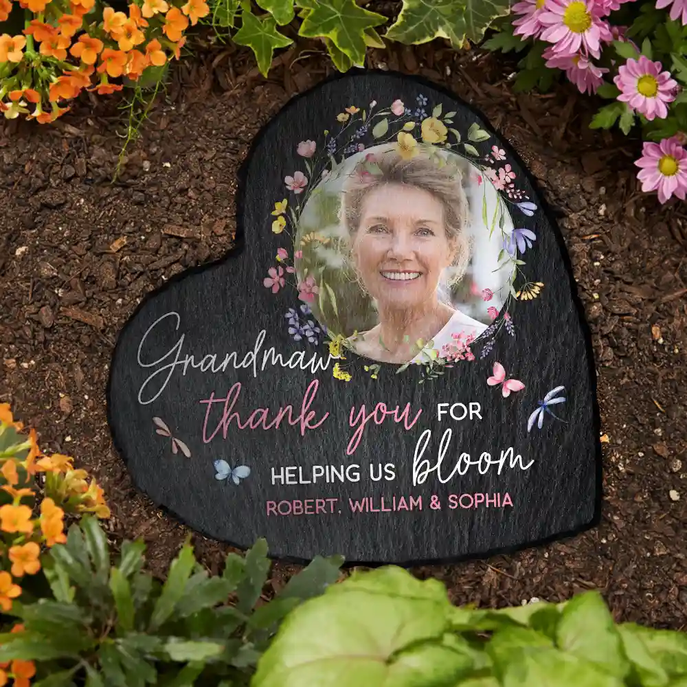 Custom Photo Grandma's Flowers Thank You For Helping Us Bloom - Personalized Heart Memorial Garden Stone