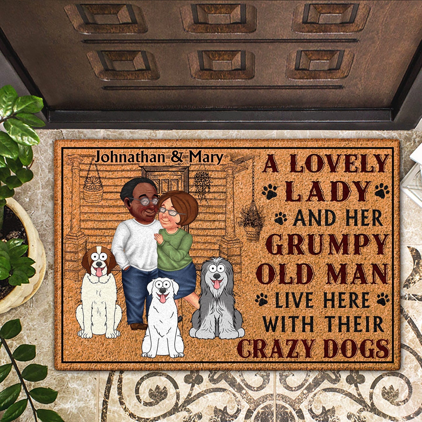 Arm In Arm Couple A Lovely Lady And A Grumpy Old Man Live Here - Anniversary Gift For Spouse, Husband, Wife, Dog, Cat, Pet Lover - Personalized Doormat